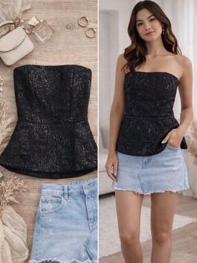 H&M Black Strapless Brocade Bustier Top Peplum NWT Size Small